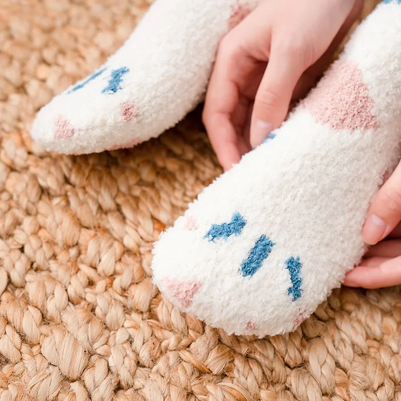 5 Pairs of Kawaii Winter Women's Socks with Thick Warm Coral Velvet Socks Mid-tube Japanese Cartoon Cat Claws Cute Warm Socks