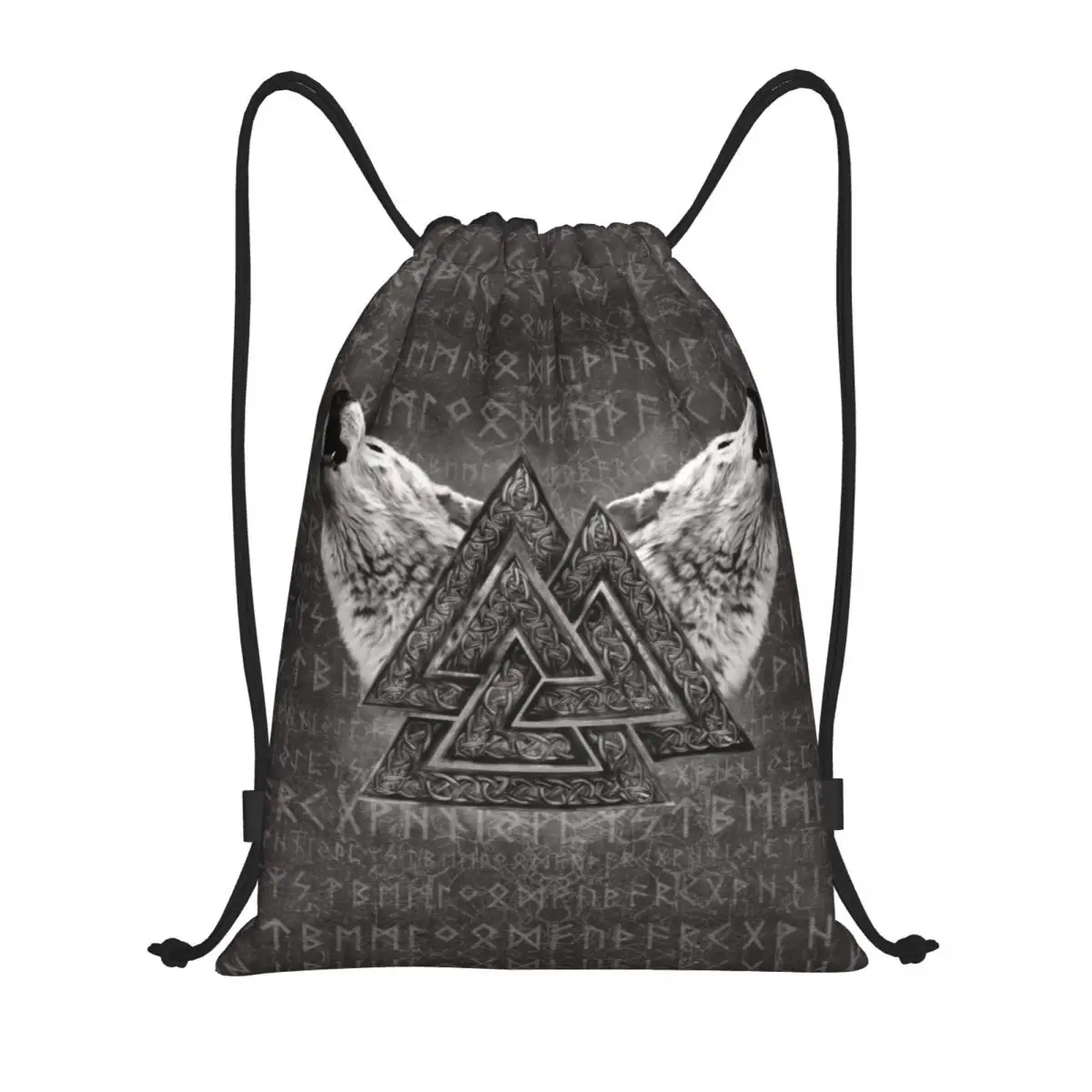 Ancient Valknut Symbol And Wolves Drawstring Backpack Sports Gym Sackpack Norse Mythology Viking String Bags for Exercise