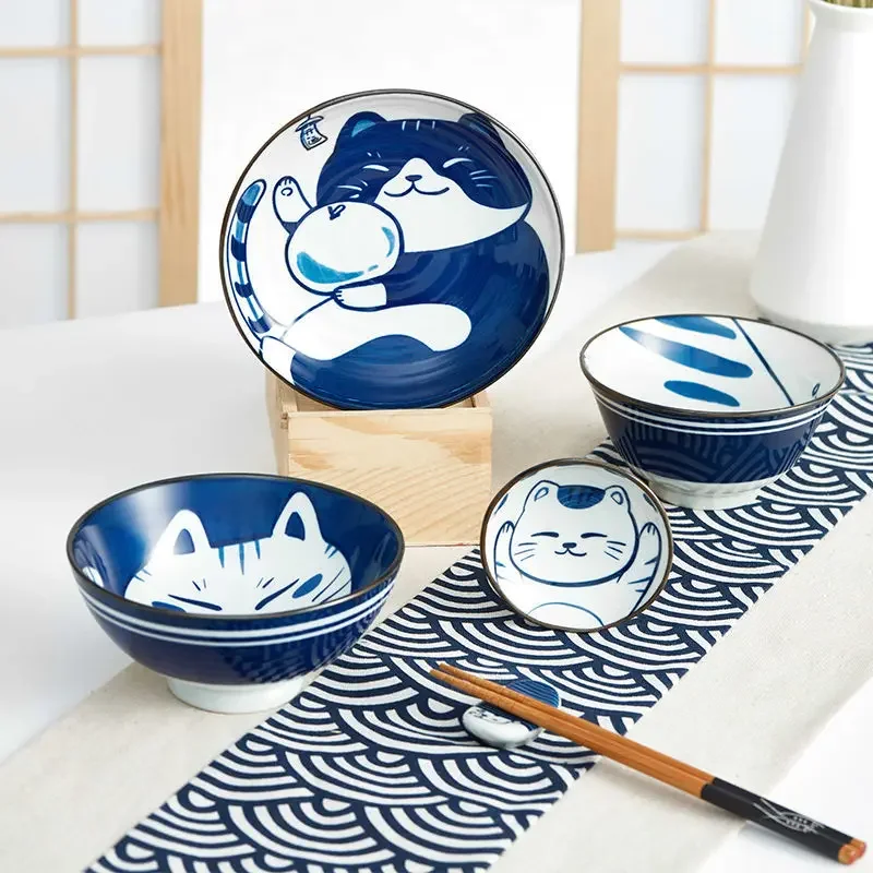 Six Piece Set Cute Cat Dishes for One Person Japanese Tableware Set Household High-value Plates Ceramic Bowls and Chopsticks