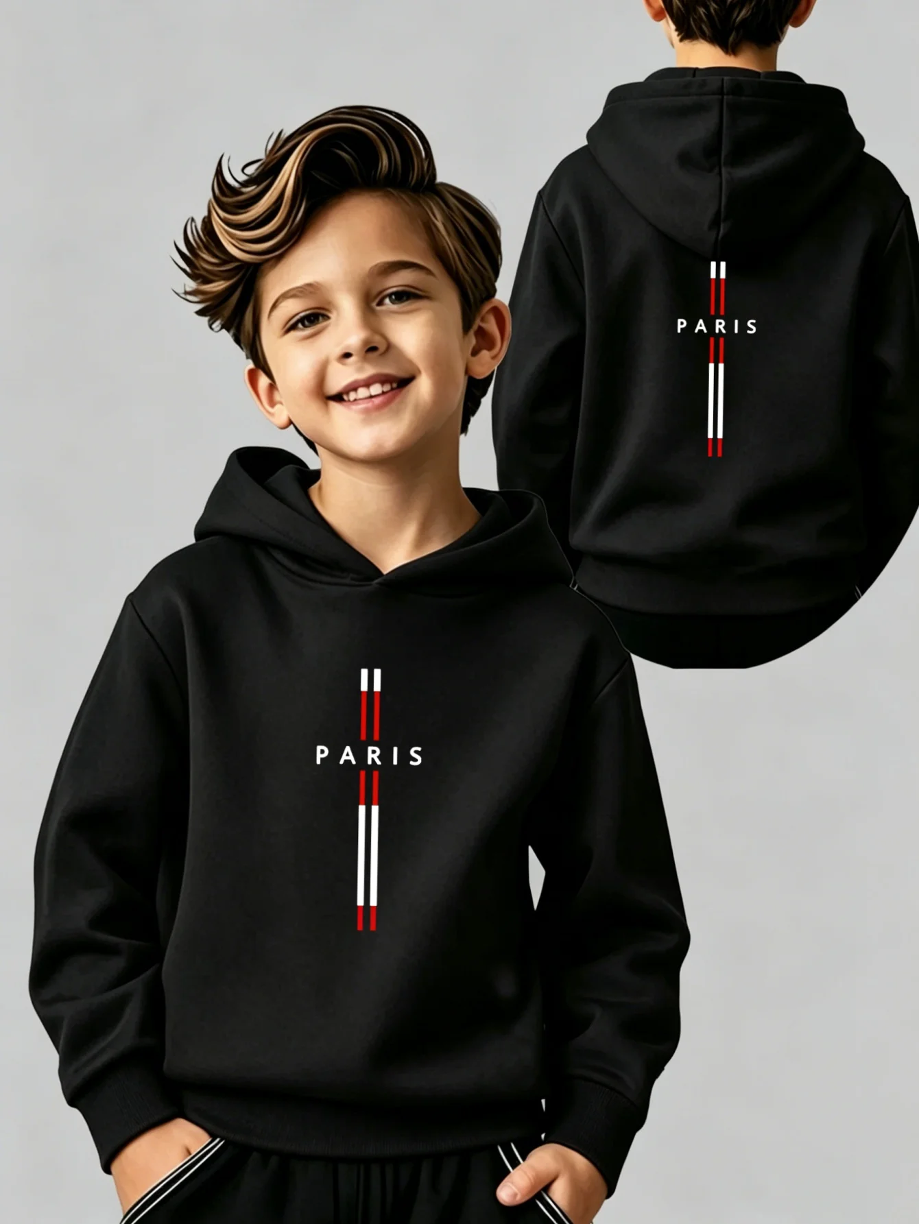 Boys' Hoodie, Kids' Hoodie with Paris Letter Prints on Both Front and Back, Versatile Casual Long Hoodies