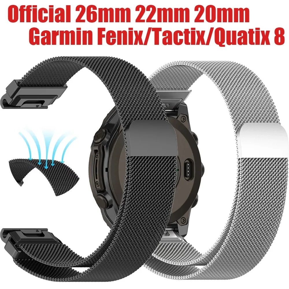 Offizielles 26mm 22mm 20mm Milanaise-Armband für Garmin Fenix 8 E 7X Pro 6X, magnetischer Ersatz für Garmin Tactix 8/Quatix 8/970/965/955
