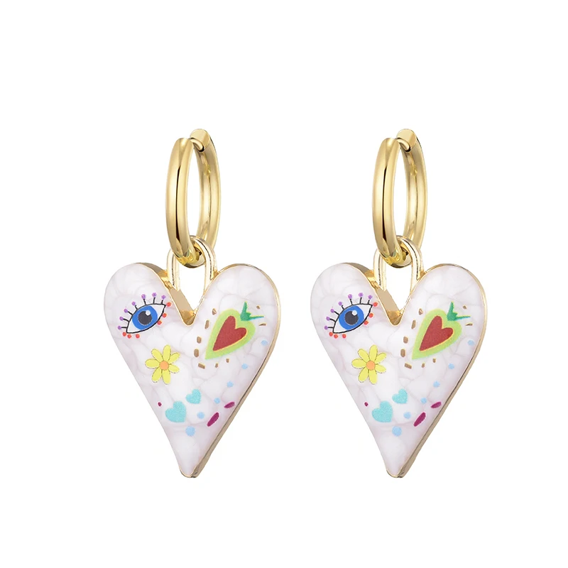 New Trendy Cute Heart Eye Stainless Steel Hoop Earrings For Women Colorful Vintage Enamel Gold Color Pendant Love Female Jewelry