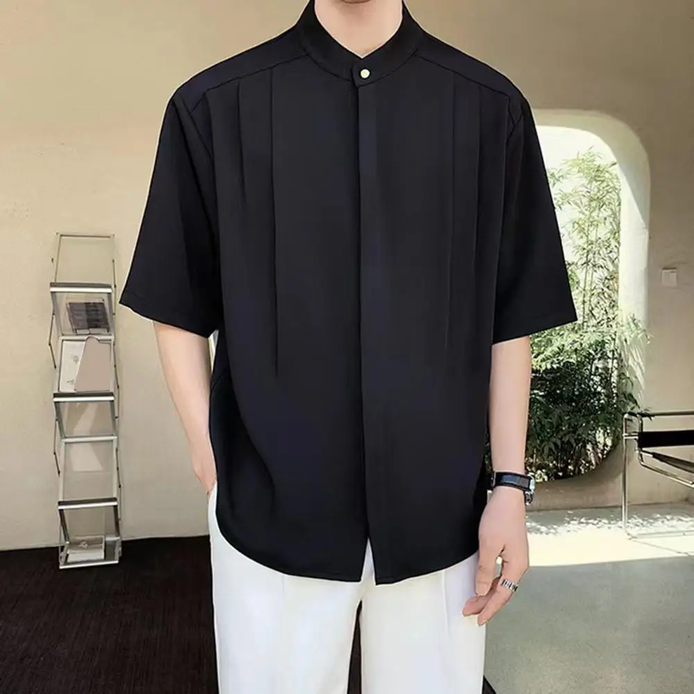 Camisa de seda de hielo para hombre, cárdigan elegante con cuello levantado, ropa de oficina de verano, plisado, ajuste suelto, Media manga, informal