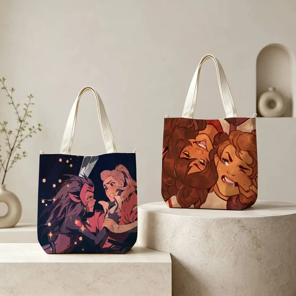 C-Catradora Shera Vintage Anime Tote Bag for Women Reusable Shopping Tote Bag Zippered Shoulder Bags Print