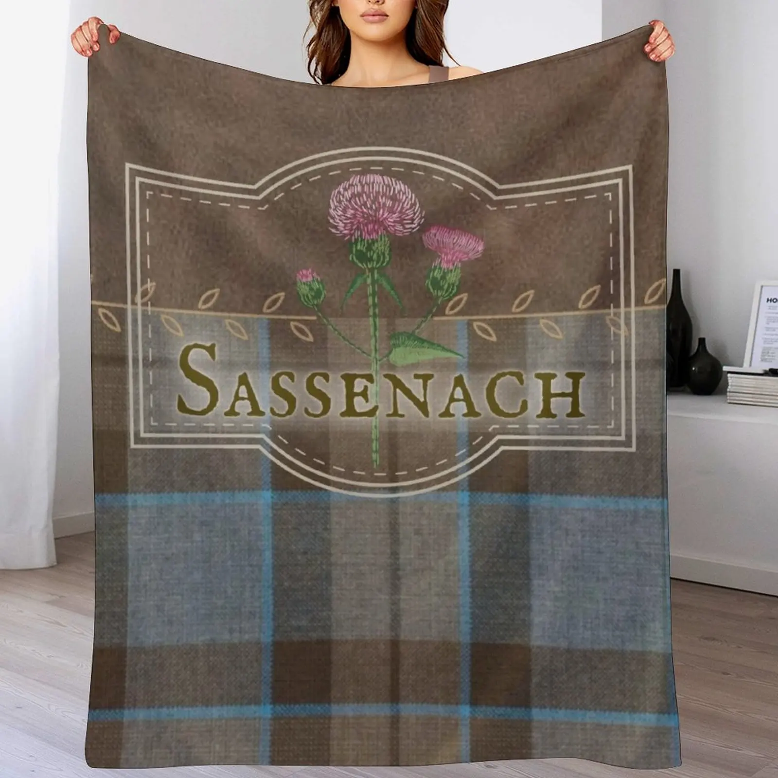 Outlander - Sassenach Leather and Tartan with Thistles and Leaves Throw Blanket