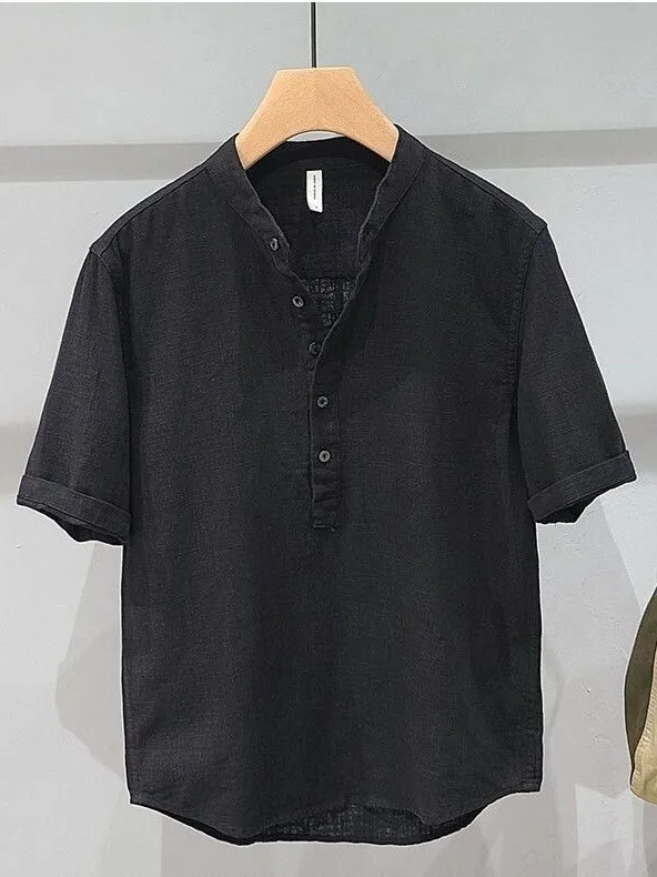 

Men's Casual Cotton Linen Short Sleeve Shirt Stand Collar Summer New Style Simple Fashion Youth Leisure Shirt Breathable Skin...