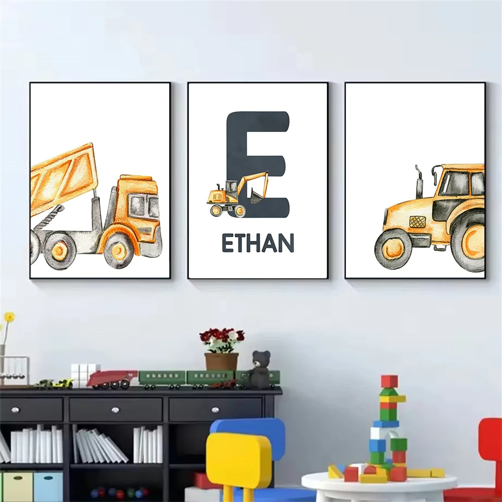 Cartoon Truck Tractor Art Poster Construction Vehicles Custom Name Canvas Painting Nursery Wall Art Print Kids Boy Room Decor