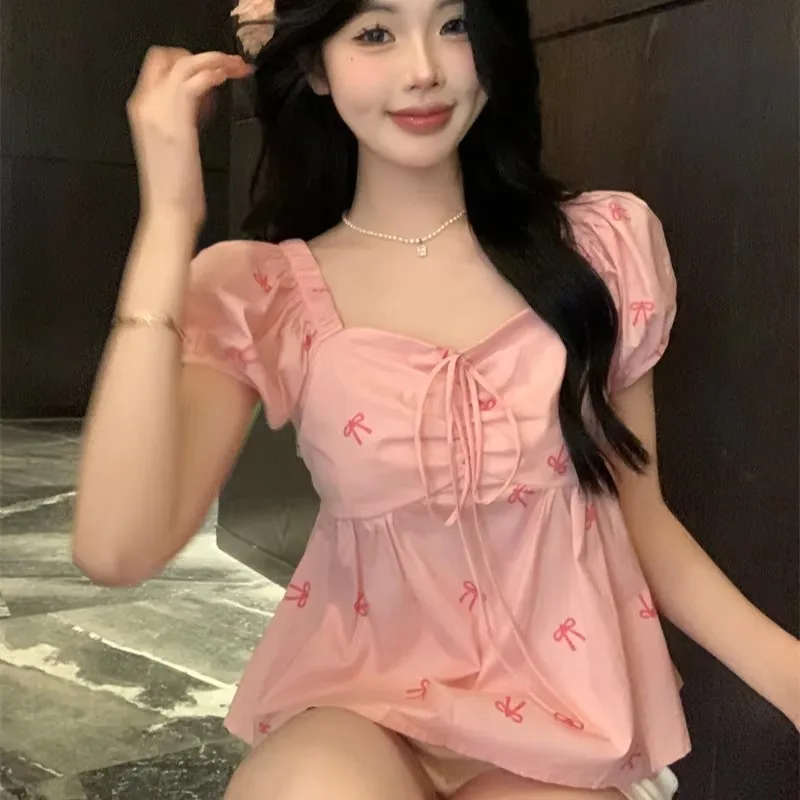 Pink Blouses Women Puff Sleeve Bow Printed Lace-up Sweet Girl College All-match Summer  Y2k Tops Aesthetic Camisas Blusas Chic