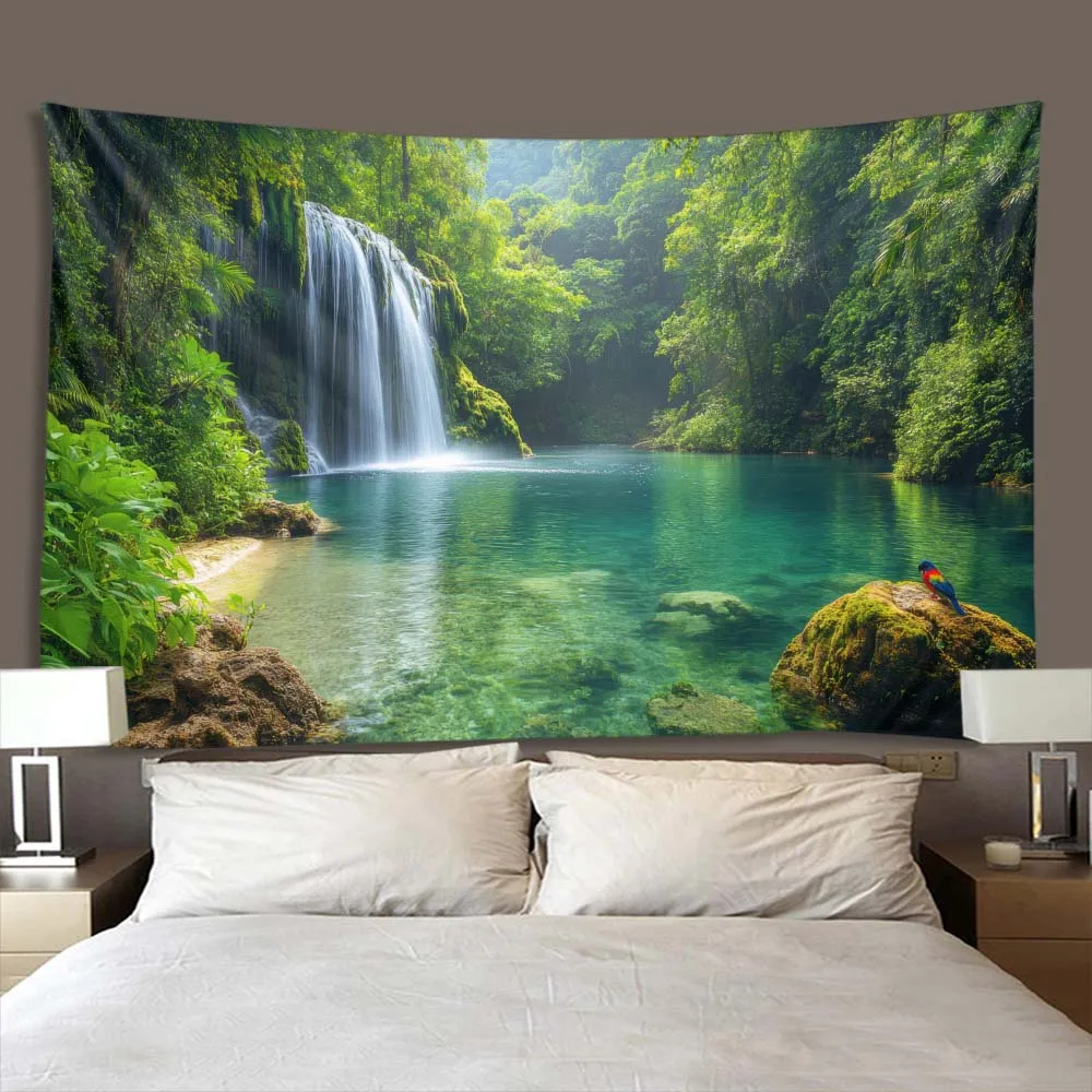 Forest Waterfall Scenery Tapestry with Bird Detail Hanging Painting on Stones for Home Living Room Garden Wall Decor