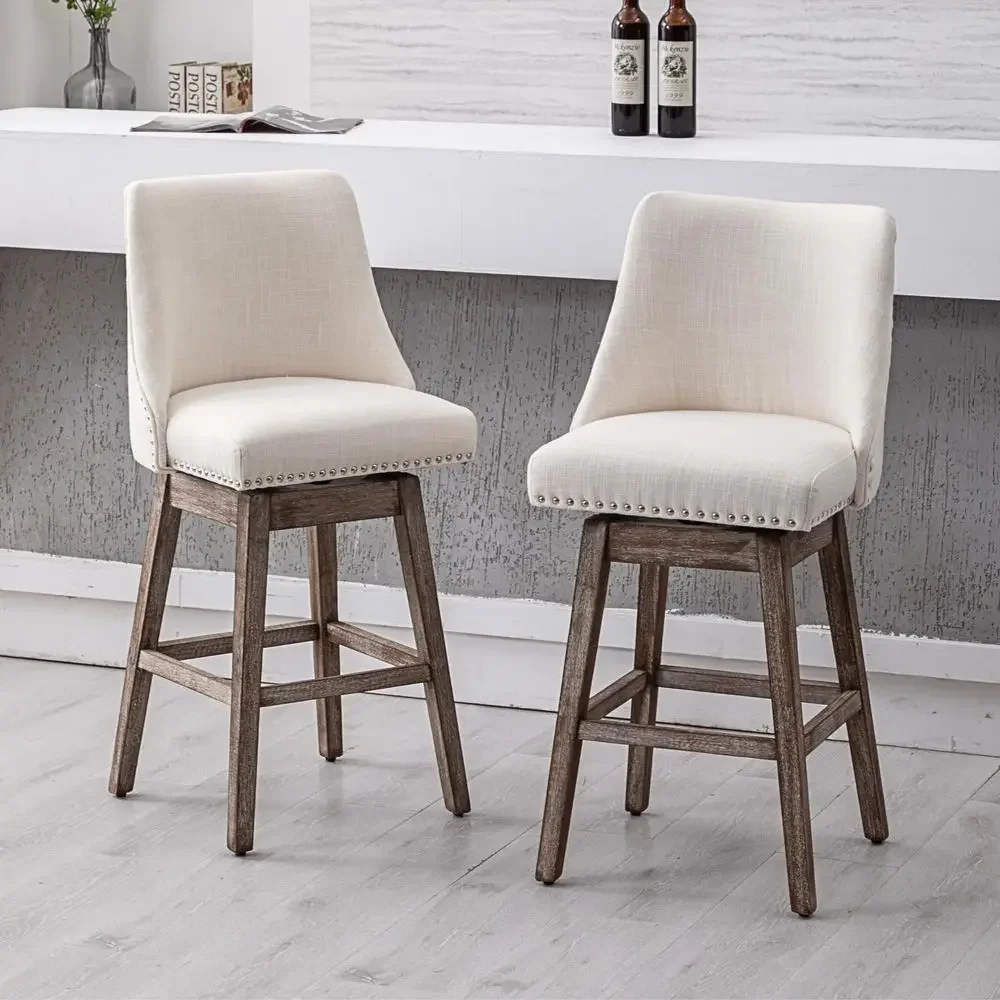 

Height Bar Stools Set of 2, Linen Fabric Mid Century Modern Swivel Barstool with Back amp Wood Legs Comfy Upholstered Counter C