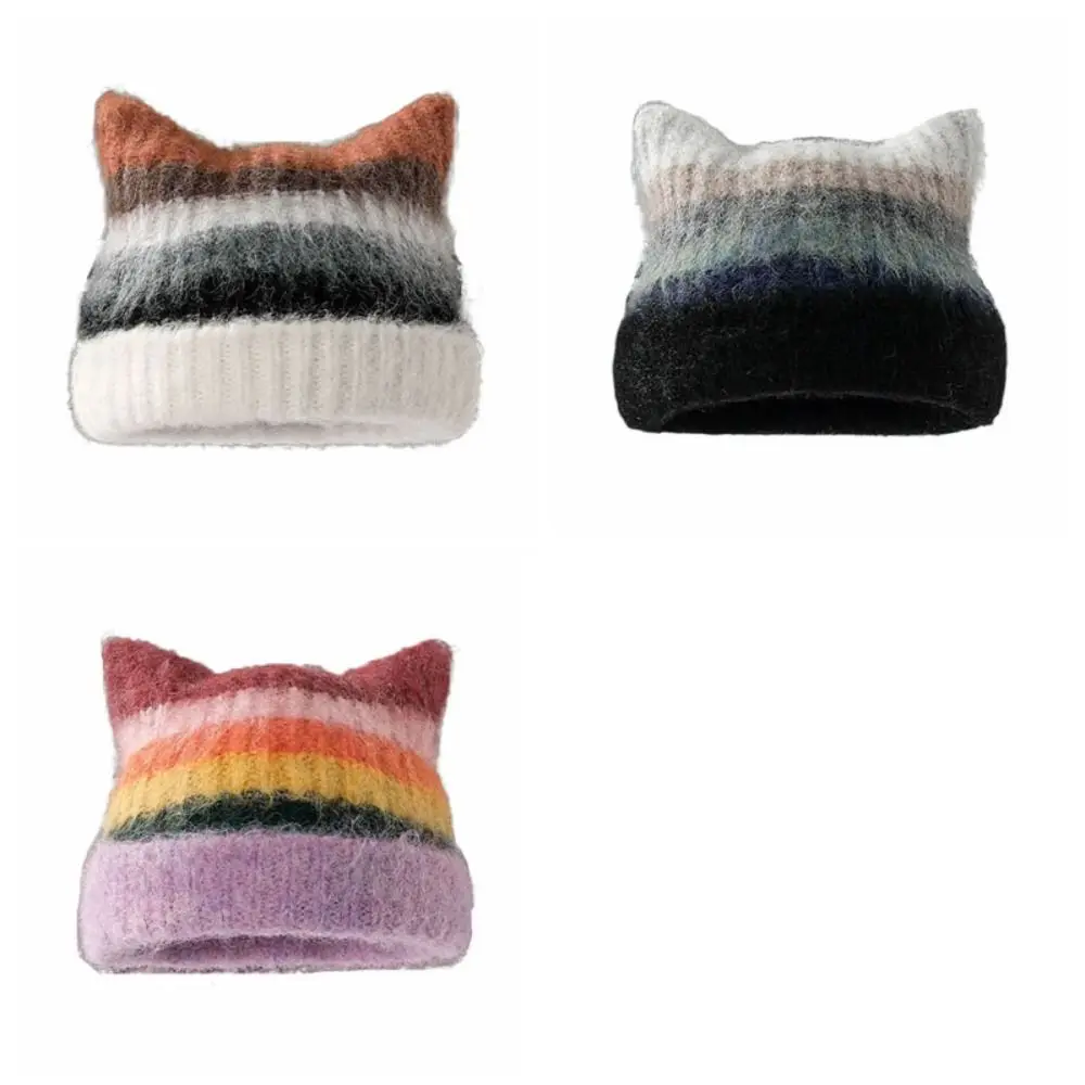 Cappello pullover con orecchie di gatto colorate alla moda Cappello lavorato a maglia di lana arcobaleno sfumato Caldo berretto da donna in stile giapponese Autunno Inverno
