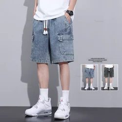 Summer New Men's Denim Shorts Elastic Waist Baggy Casual Knee-length Cargo Pants Fashion Korean Oversized Streetwear Blue Grey