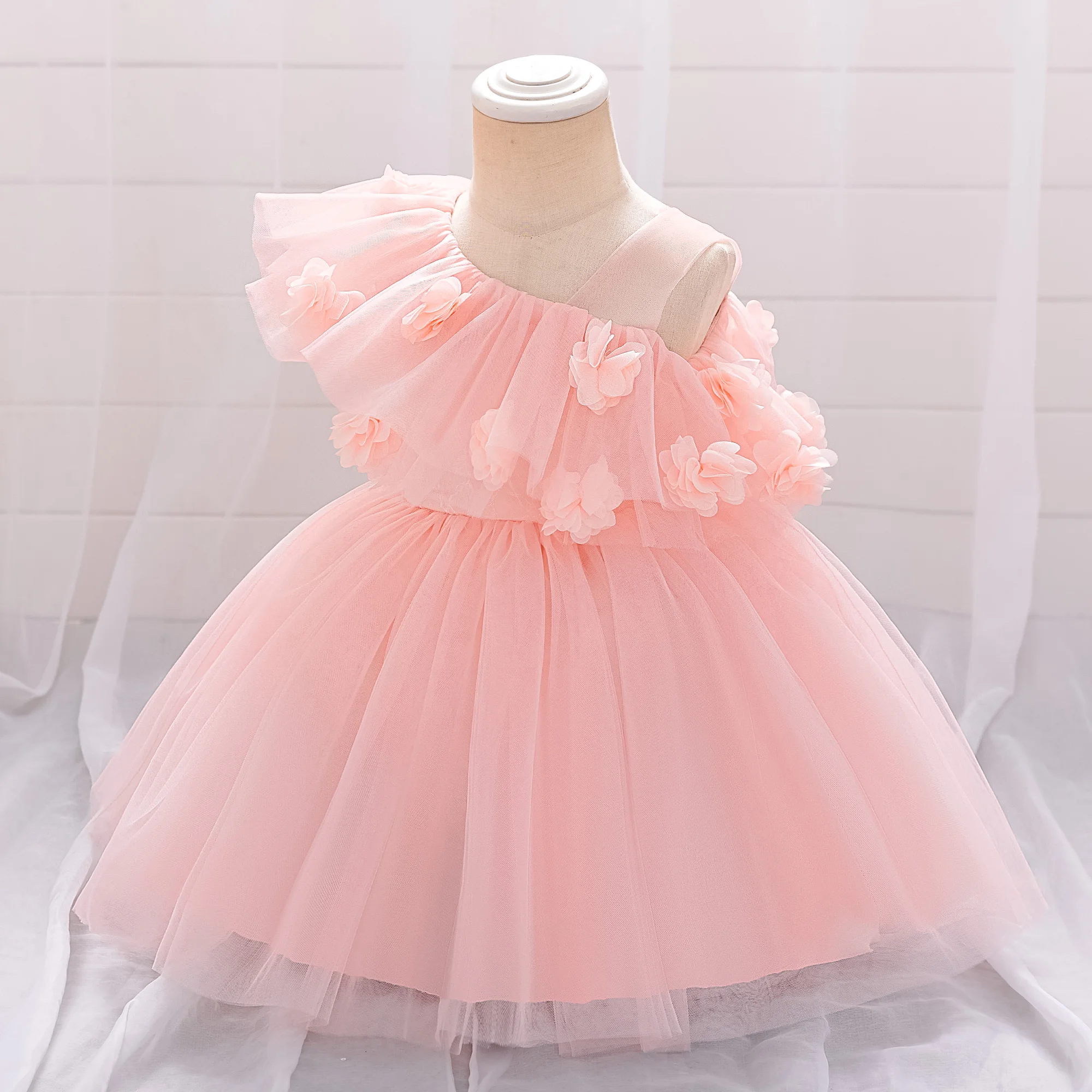 Rosa Blume Baby Party Mädchen Kleid Elegante Taufe Tüll 1. Geburtstag Hochzeit Prinzessin Kleider Mädchen Brautjungfern Abendkostüme
