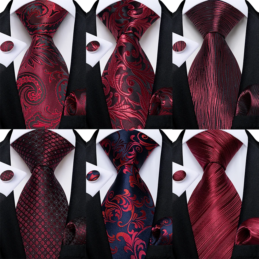 Luxury Floral Striped Solid Men's 8 cm Red Tie Set Handkerchief Cufflinks Business Wedding Prom Groom Accsessories Gift Men