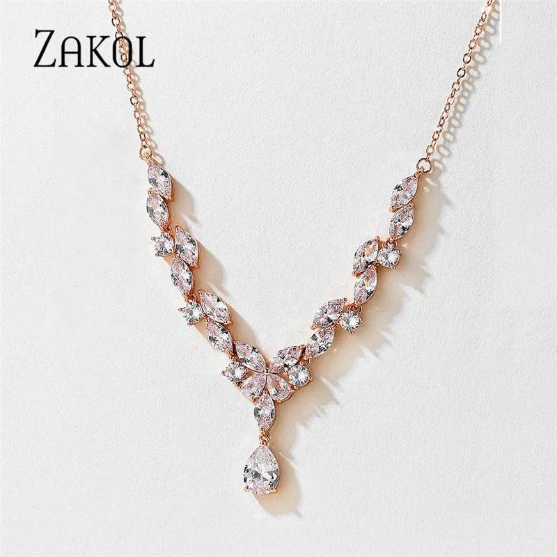 ZAKOL Luxury Exquisite Water Drop Cubic Zircon Leaf Chain Choker Necklaces for Women Fashion Bridal Wedding Party Jewelry NP2264