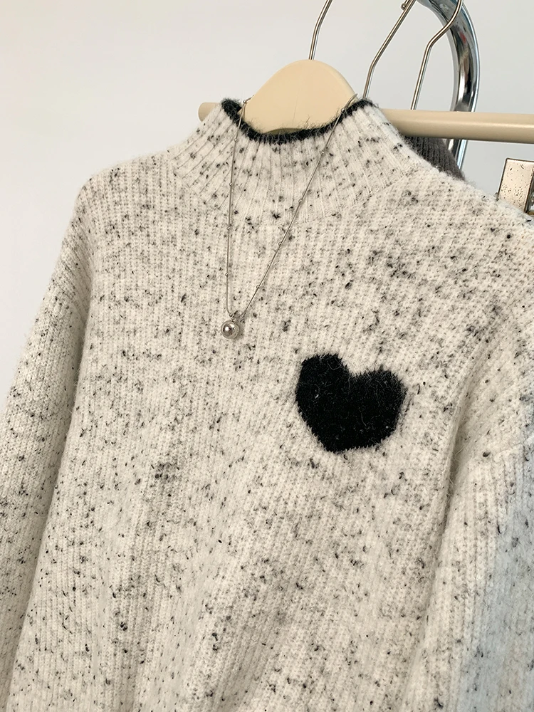 Half High Collar Women\'s Knitted Sweater Fashion Long Sleeve Love Heart Loose Top Lazy Style Casual Pullover Sweater