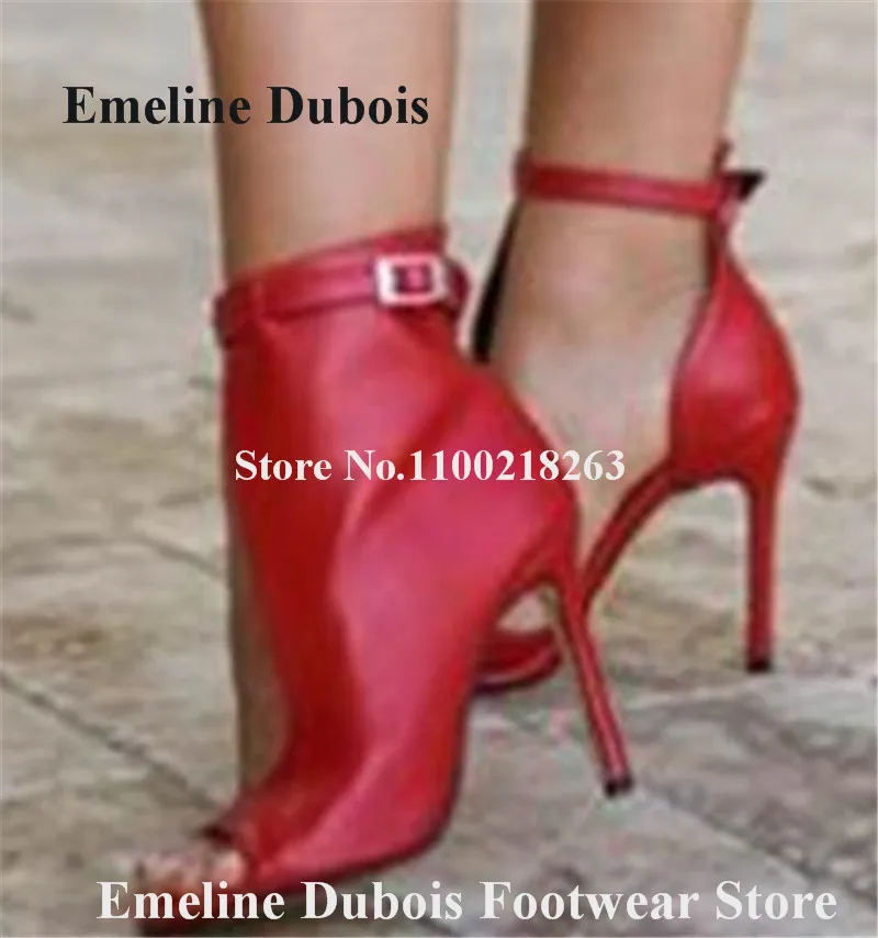 

Unique Leather Gladiator Pumps Emeline Dubois Peep Toe Red Black Stiletto Heel Dress Shoes Ankle Straps Buckles High Heels