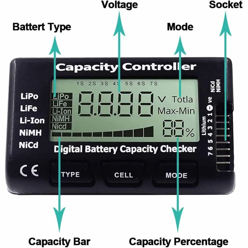 RC Cellmeter 7 Digital Battery Capacity Checker Controller Tester Voltage Tester for LiPo Life Li-ion NiMH Nicd Cell Meter