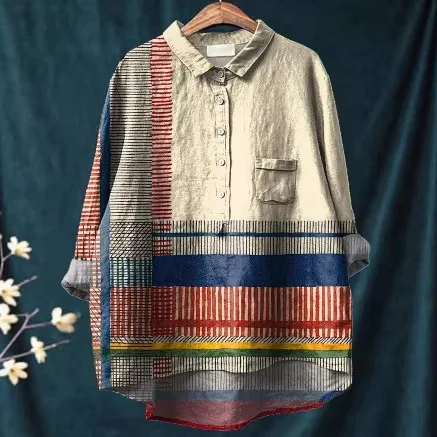 Women's Linen Blend Patchwork Shirt Long Sleeve Button Down Geometric Striped Blouse Loose Fit Boho Casual Top