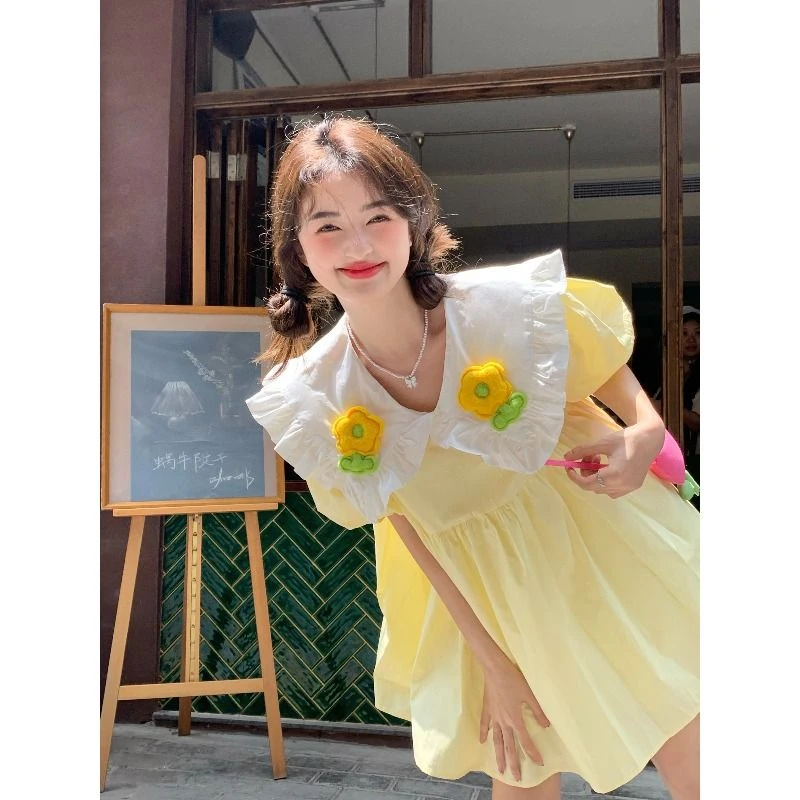 

Small Fresh Three-dimensional Flower Contrast Doll Collar Dress Female Summer 2025 Loose A-line Skirt