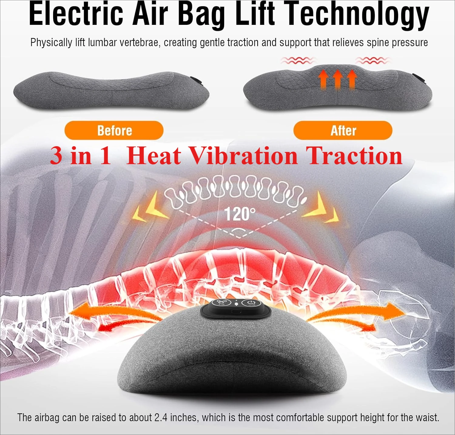 

3-in-1 Heating Vibration Back Massager Pillow Lumbar Traction Stretcher Back Support Cushion for Herniated Disc Pain Relief