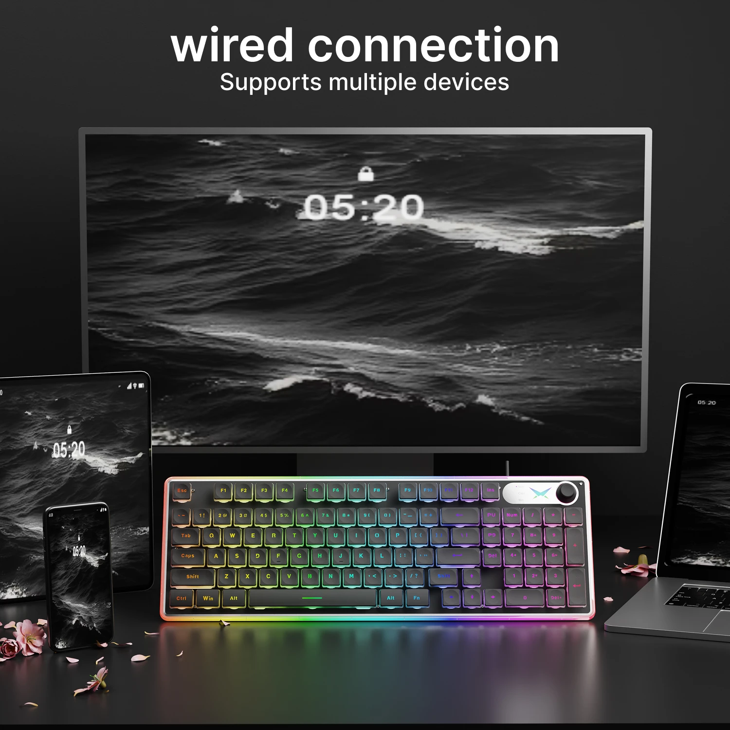 EWEADN Wired RGB Gaming Keyboard 98 Keys, Silent Office Keyboard with Screen Knob,Aluminum Panel,Ergonomic for PC/Laptop/Windows - Image 3