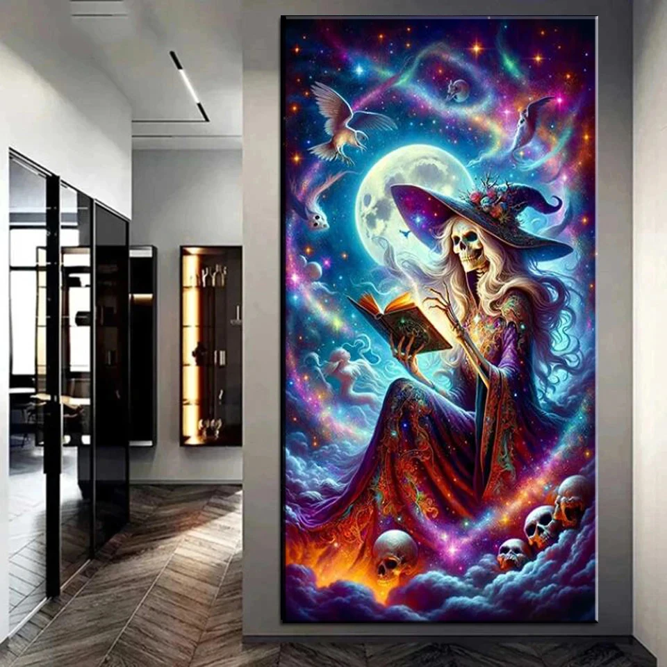 Large Gothic Broom Witch Cat 5D DIY Diamond Painting Jewelry Cross Stitch Amazing Woman Diamond Embroidery Mosaic Home Decor