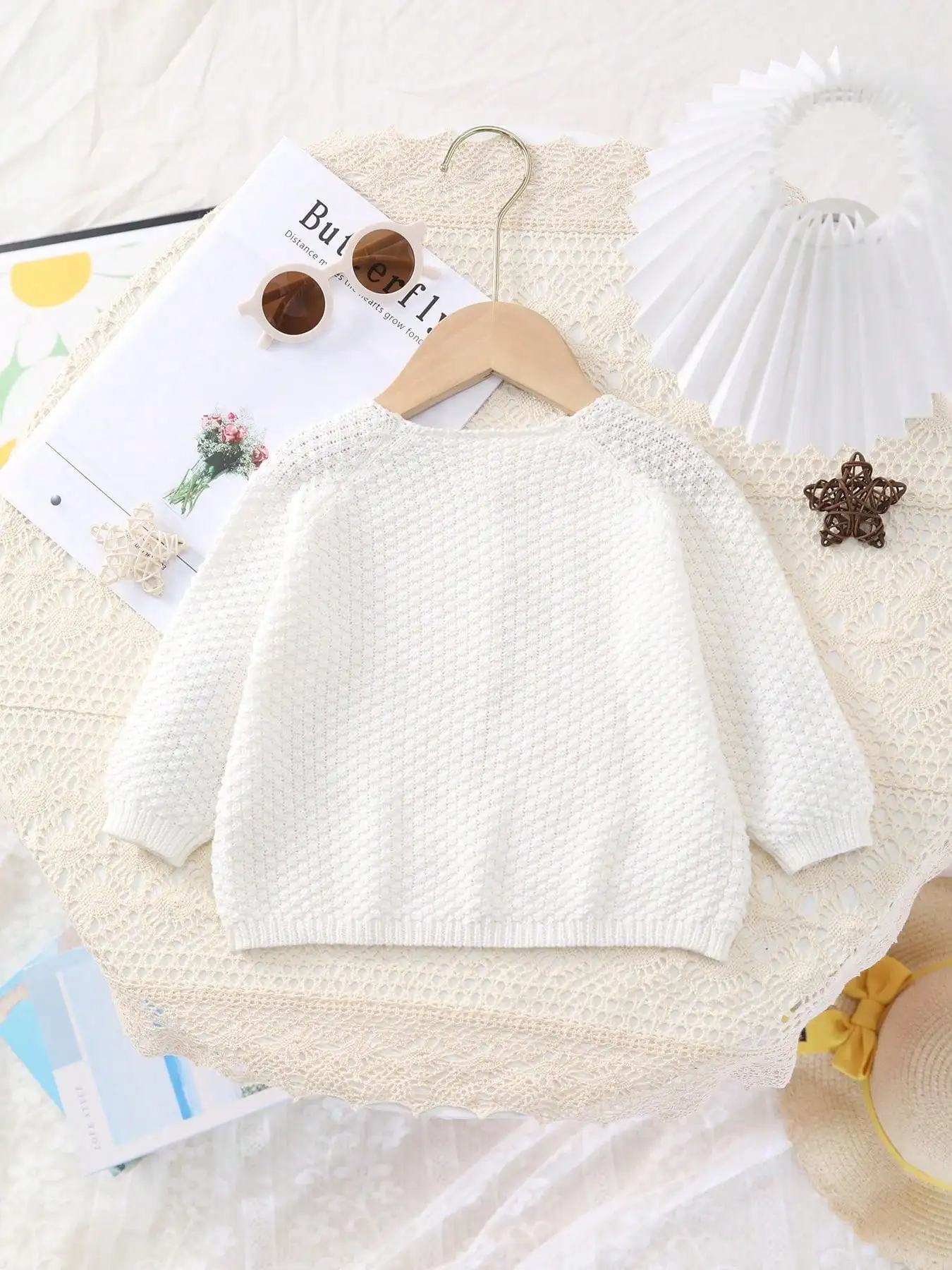 Baby Girl's Spring and Summer Thin Knit Cardigan with Traceable Cotton Waffle Pattern Design in Solid Color