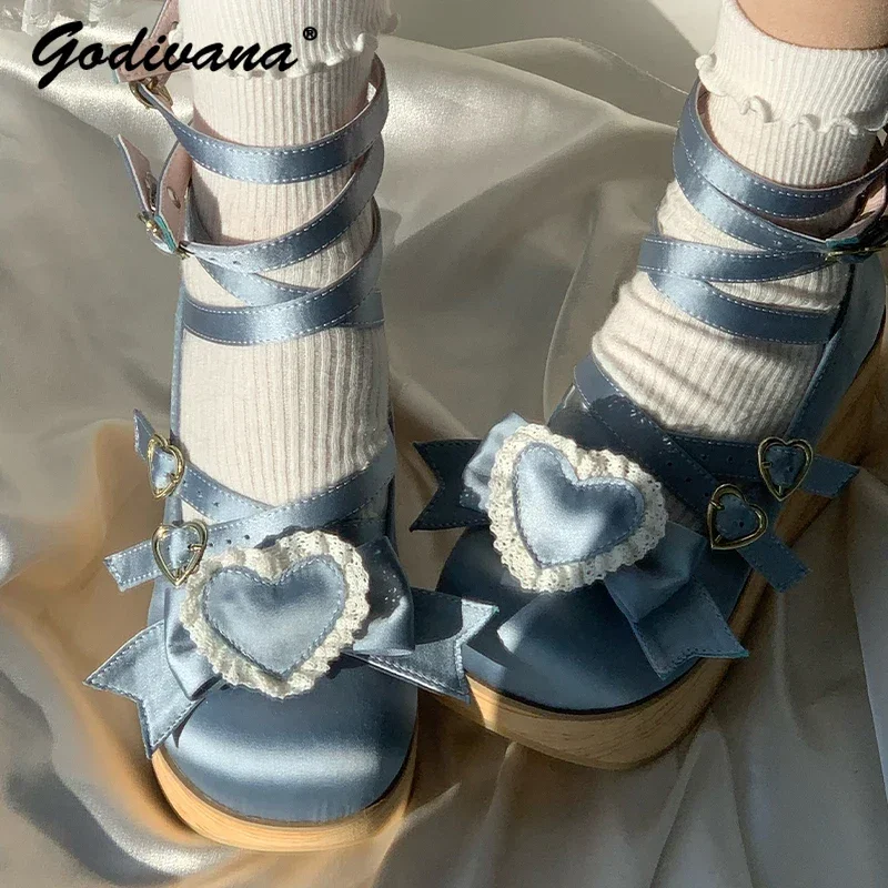 

Original Lolita Wooden Bottom Shoes Heels New Spring Women's Love Satin Mary Jane Girls Cos Chunky Heel Platform Shoes