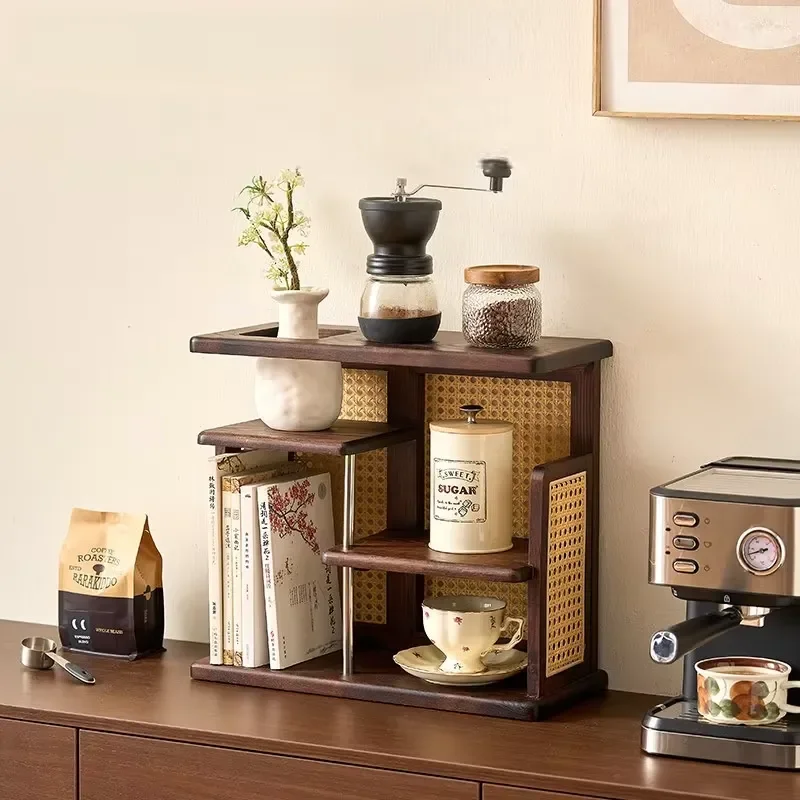 Retro Solid Wood Desk Organizer with Coffee Cup Holder Rattan Storage Rack for Office Living Room Desktop Space Saving Shelf