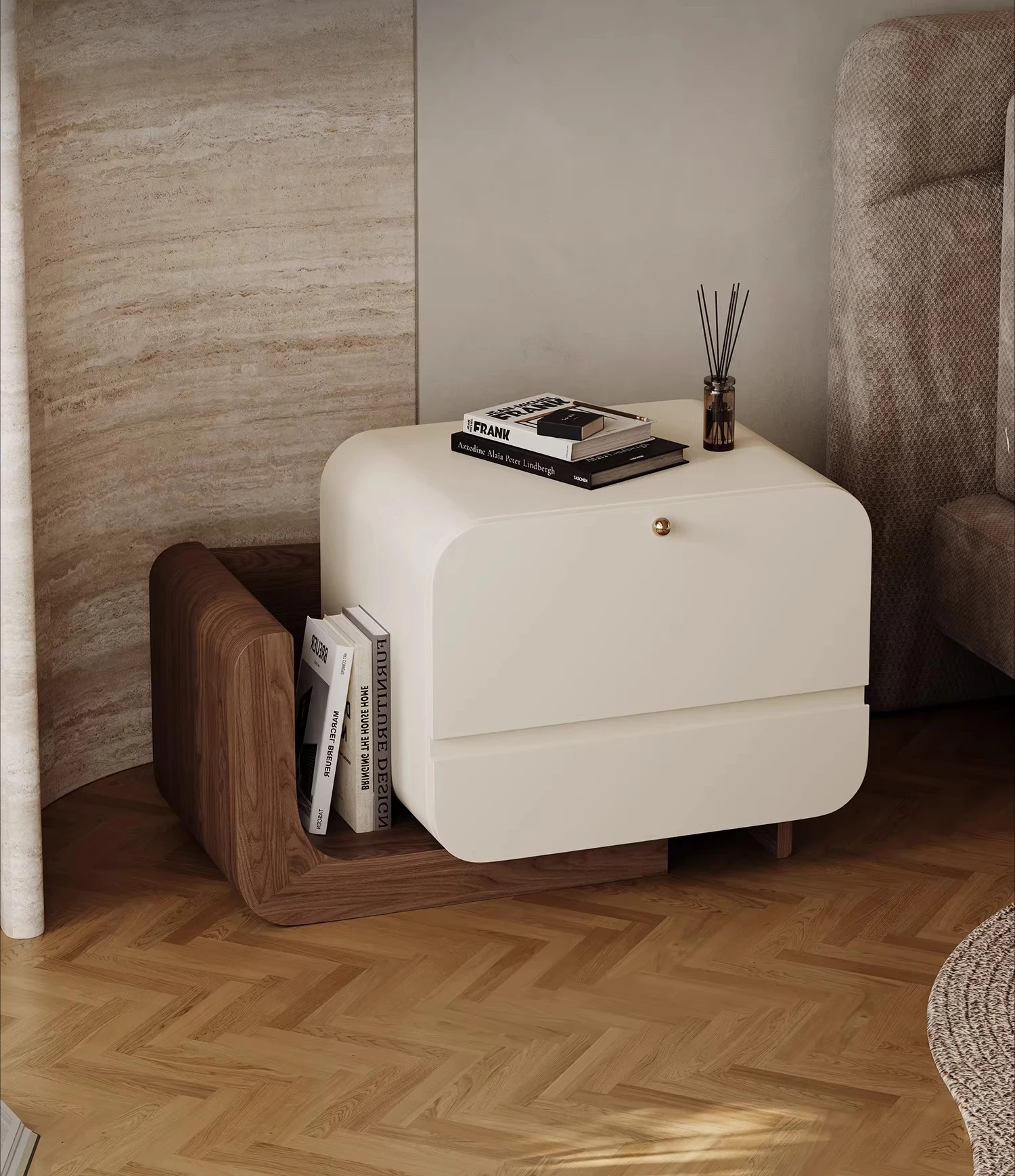 Medieval retractable bedside table alternative designer creative storage bedroom walnut leather solid wood