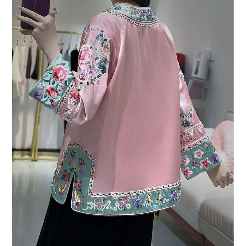 Vintage Acetic Satin Jacket Women Short Outwear Spring Autumn New Design Sense Improved New Chinese Round Neck Printed Coat Tops