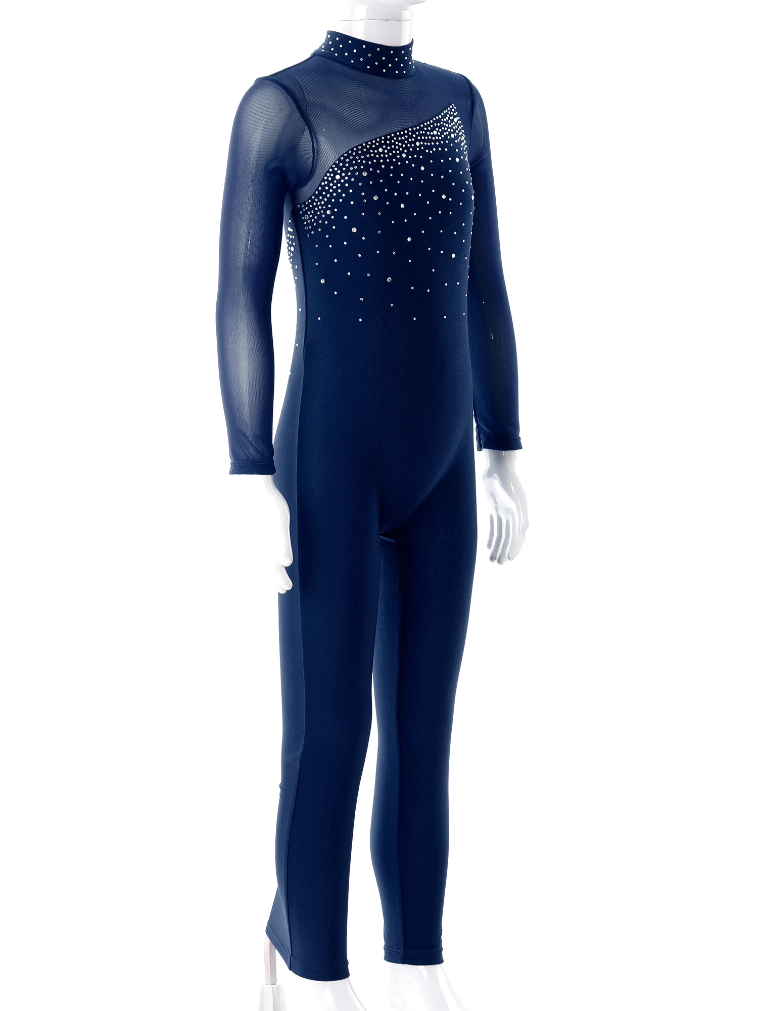 Macacões de ginástica de strass brilhante infantil, bodysuit de patinação no gelo, manga comprida, collant de balé, crianças, adolescentes