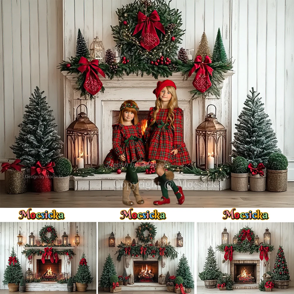 

White Christmas Fireplace Background Photography Xmas Tree Garland Red Bow Lantern Backdrop Winter Indoor Room Family Photozones