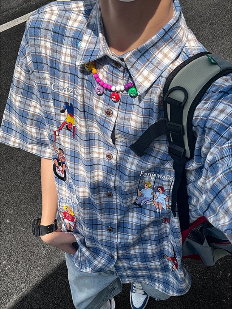 

Cartoon Embroidered Plaid ort Sve irt Men's Summer American Retro High Street Sle Loose Fit Breathable Youth Faion