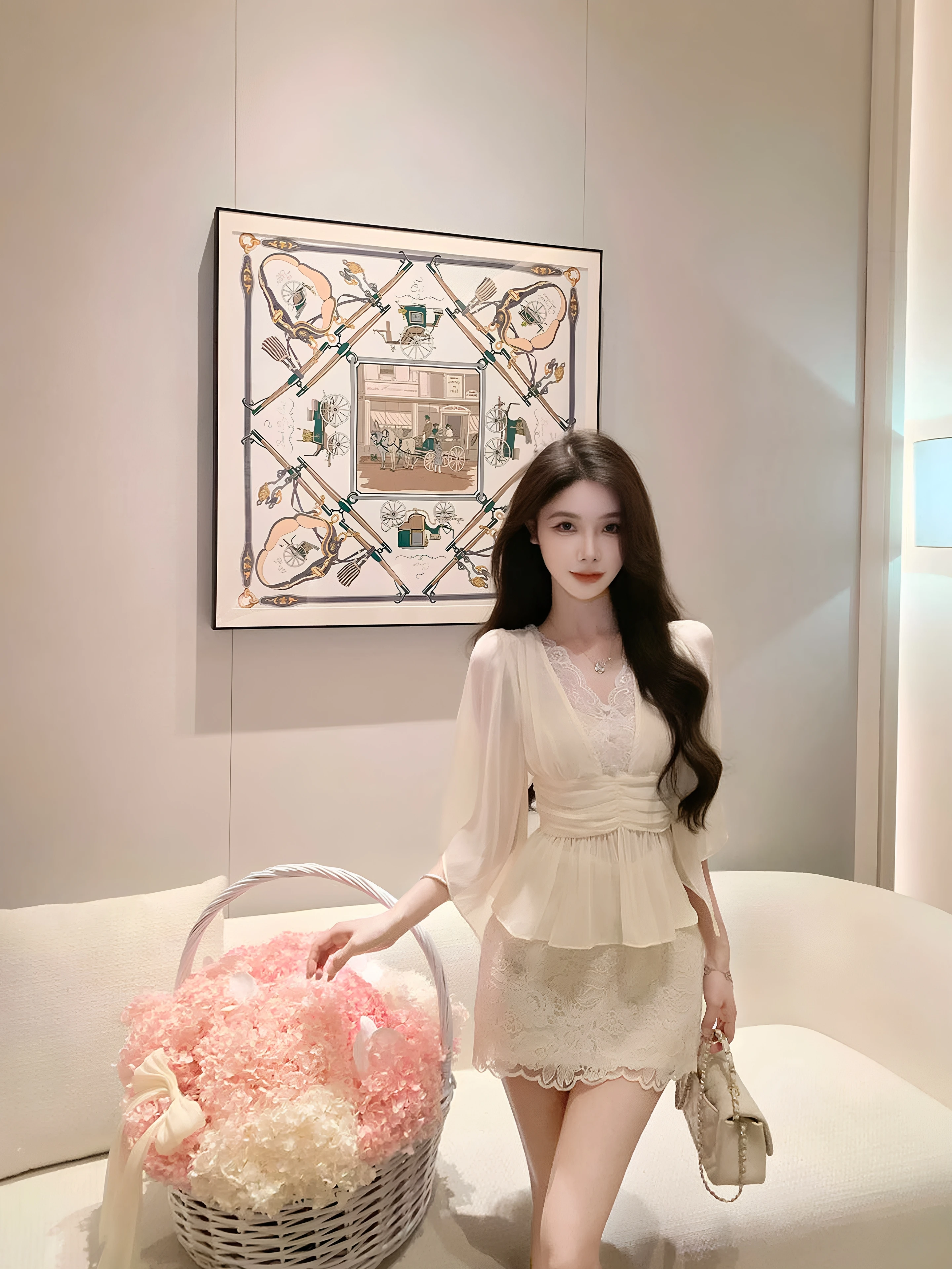 

2026 New Lace V-Neck Chiffon Shirt Women's Elegant Slimming Top Bell Sleeve Seven-Quarter Length Casual Wear Chinese Production