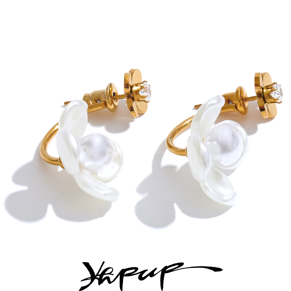 Yhpup Stainless Steel Korean Style 2024 Elegant Simulated Pearls Resin Flower Zircon Golden Stud Earrings Daily Fairy Jewelry