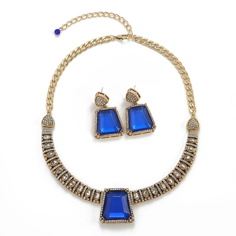 Vintage Alien Blue Glass Jewelry Sets Necklace Earrings Luxury Gold Plated High Quality Brands Designers Trendy Gift For Women