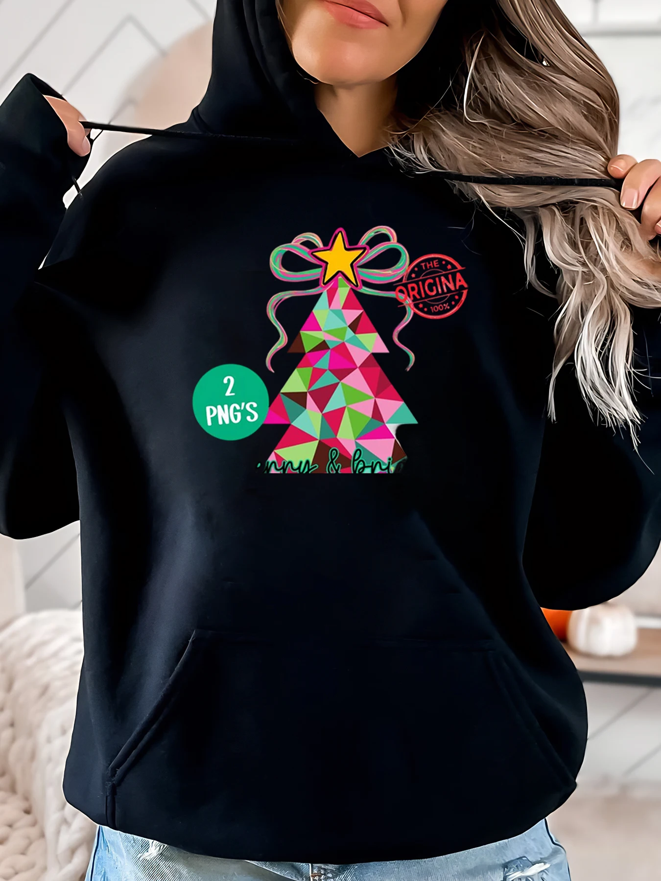 Sudadera con capucha navideña con estampado de estrellas y cinta para mujer, ropa informal, traje de vacaciones, color negro, talla grande