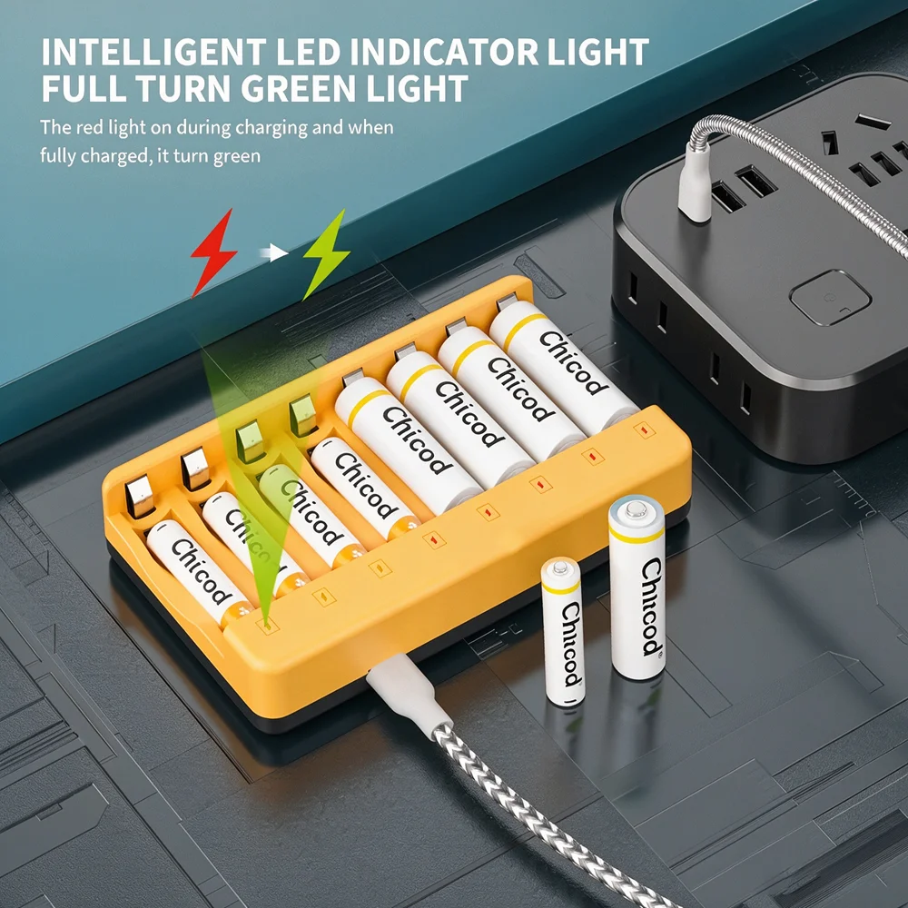 Chicnod N805 AA AAA Ni-MH Ni-Cd Battery Charger 8 Slot LED Indicator USB Type-C Smart Charger for Rechargeable Batteries
