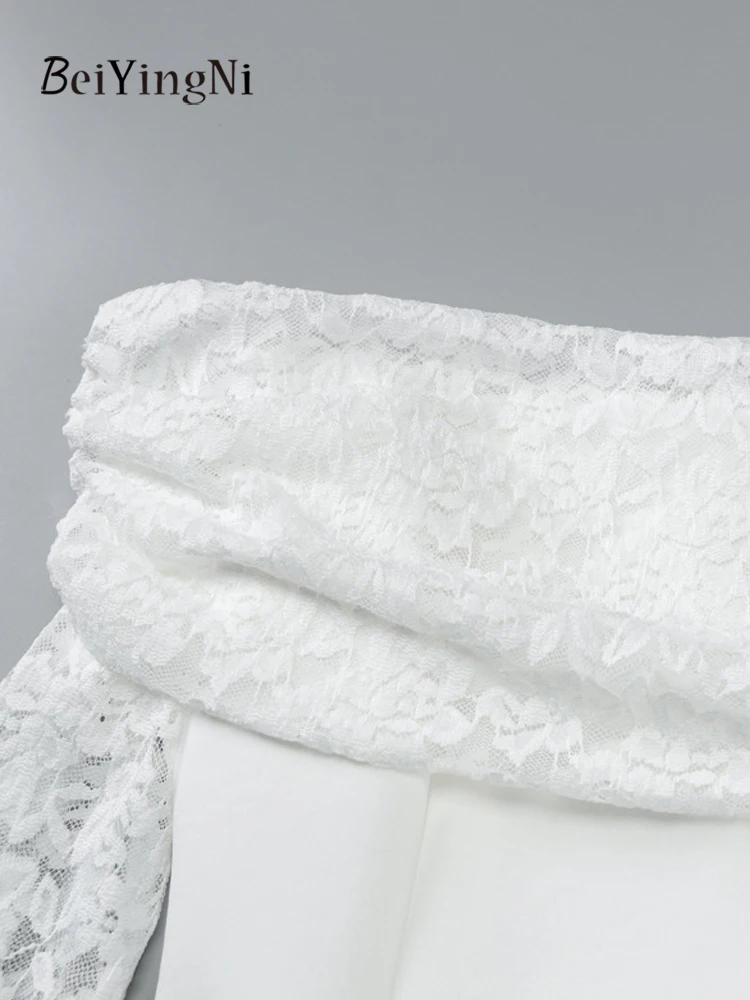 Beiyingni automne hiver femmes robe trapèze dentelle élégante Slash cou coupe ajustée Sexy blanc robes de soirée dames plaine robes françaises