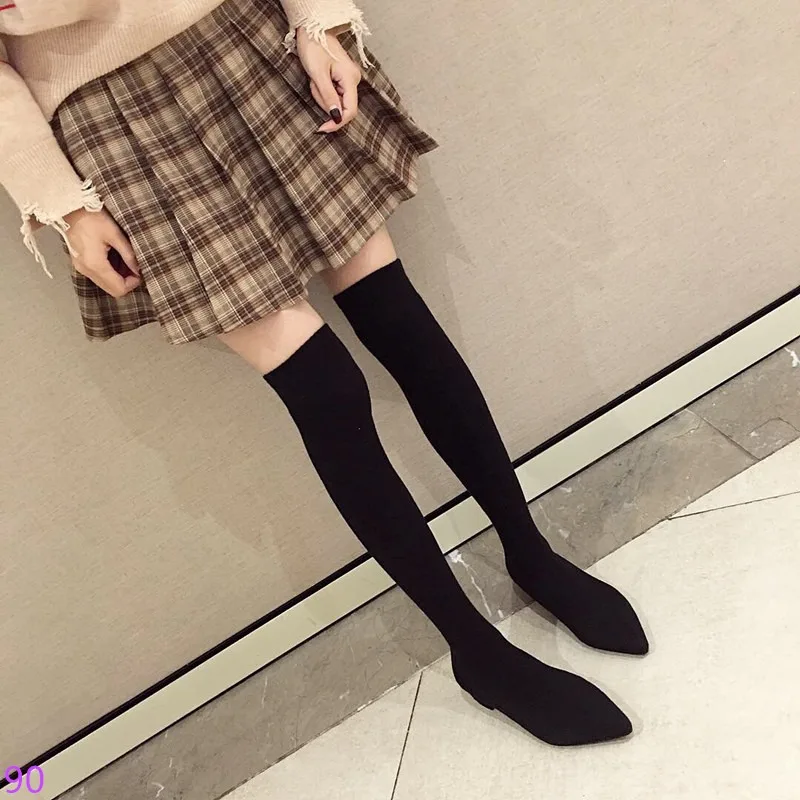 Sexy Pointed Toe Knitting Spring Winter Woman Shoes Black Gray Women\'s Boots Over The Knee Long Sock Boots Botas De Mujer