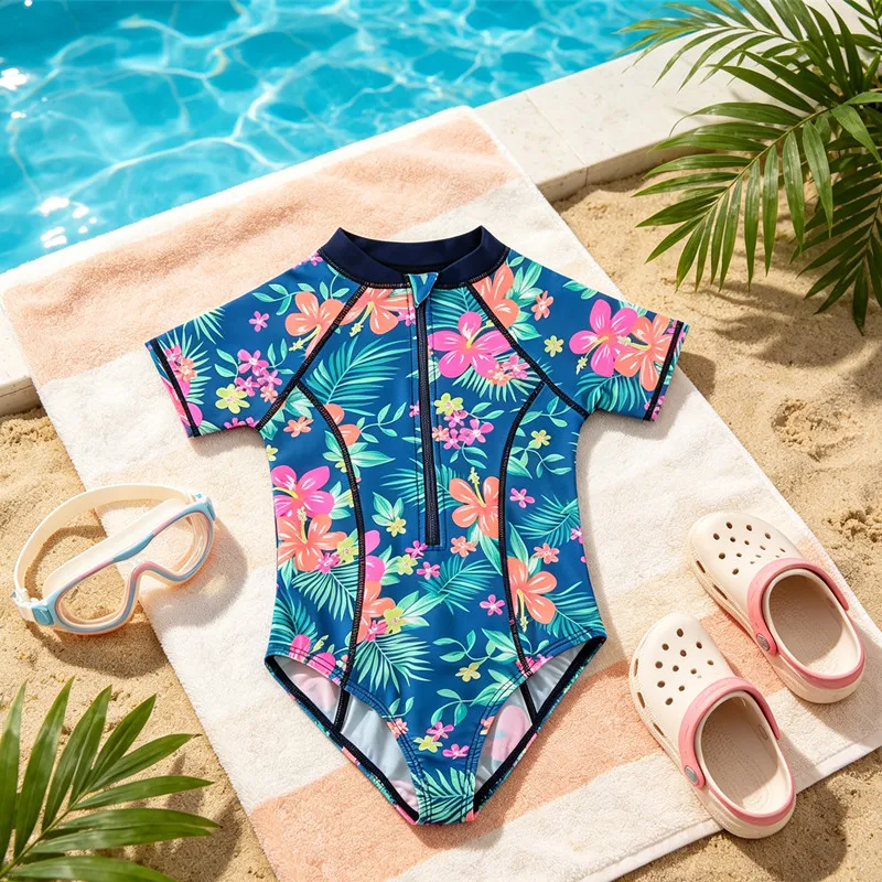 Wishere One-piece Swimsuit Printed Bikini Cute Baby Girls' Swimwear Short Sleeves Infant Swimming Suit UPF50+ Sunsuit For Kids