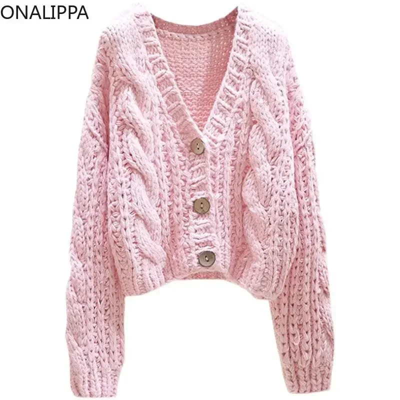 Onalippa Slouchy Style Sweet Knitted Cardigan Thick Needle Single Breasted Cropped Cardigans Korean Chic Design Sweater Women