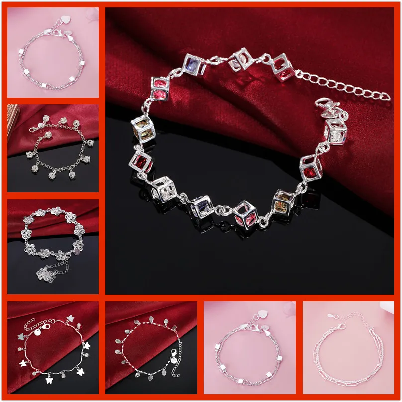fashion fine 925 Silver color charm cross chain heart Bracelet for woman Luxury brands jewelry Wedding party free shipping