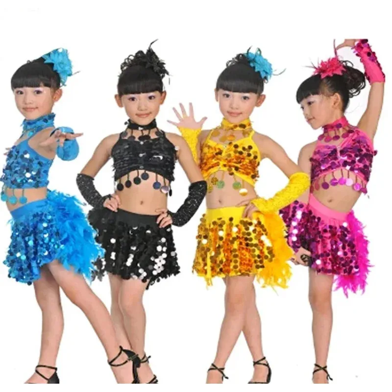 

Children's costumes Child girls kids Latin dance clothing samba feather costumes dresses dance ballroom sequin dance costumes OI