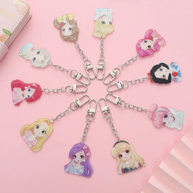 Acrylic Children Princess Elsa Cinderella Snow White Keychain Women Students Fashion Cartoon Car Bag Doll Pendant Key Ring