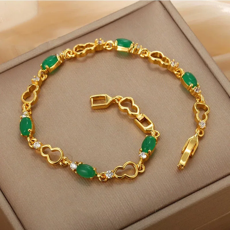 24K real gold hollow gourd bracelet female Korean version fashion au999 gold set zircon green gem bracelet women's jewelry