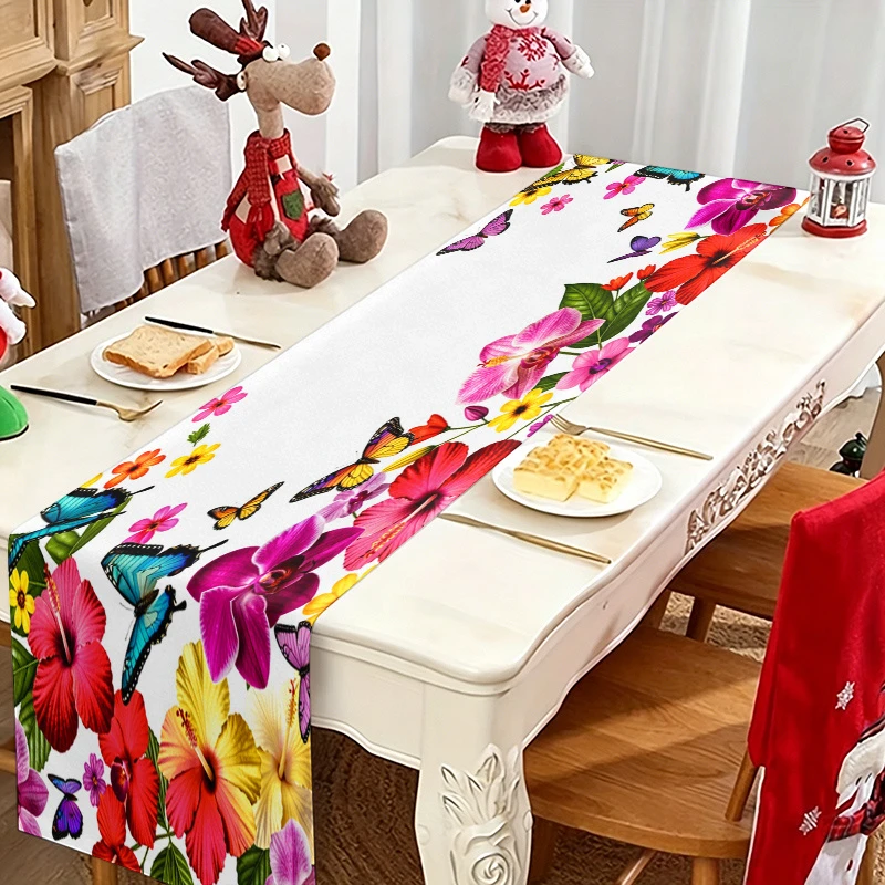 1pc Tropical Floral Butterfly Table Runner Vibrant Summer Botanical Table Decor for Dining Kitchen Party