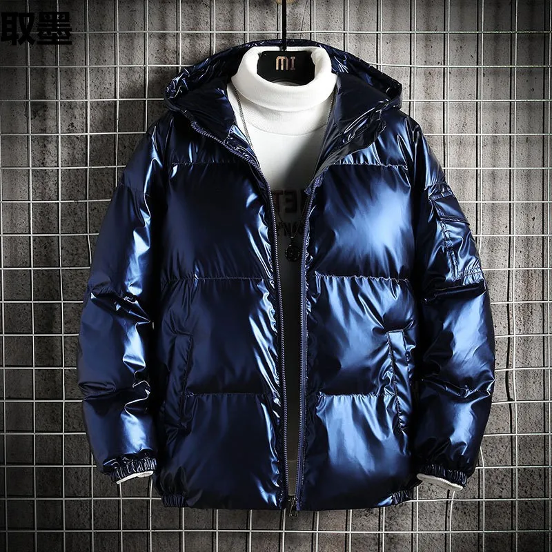 New Men's Thickened Glossy Cotton Jacket Winter Casual Hooded Loose Fit Bread Style Coat Leisure Fashion Outerwear